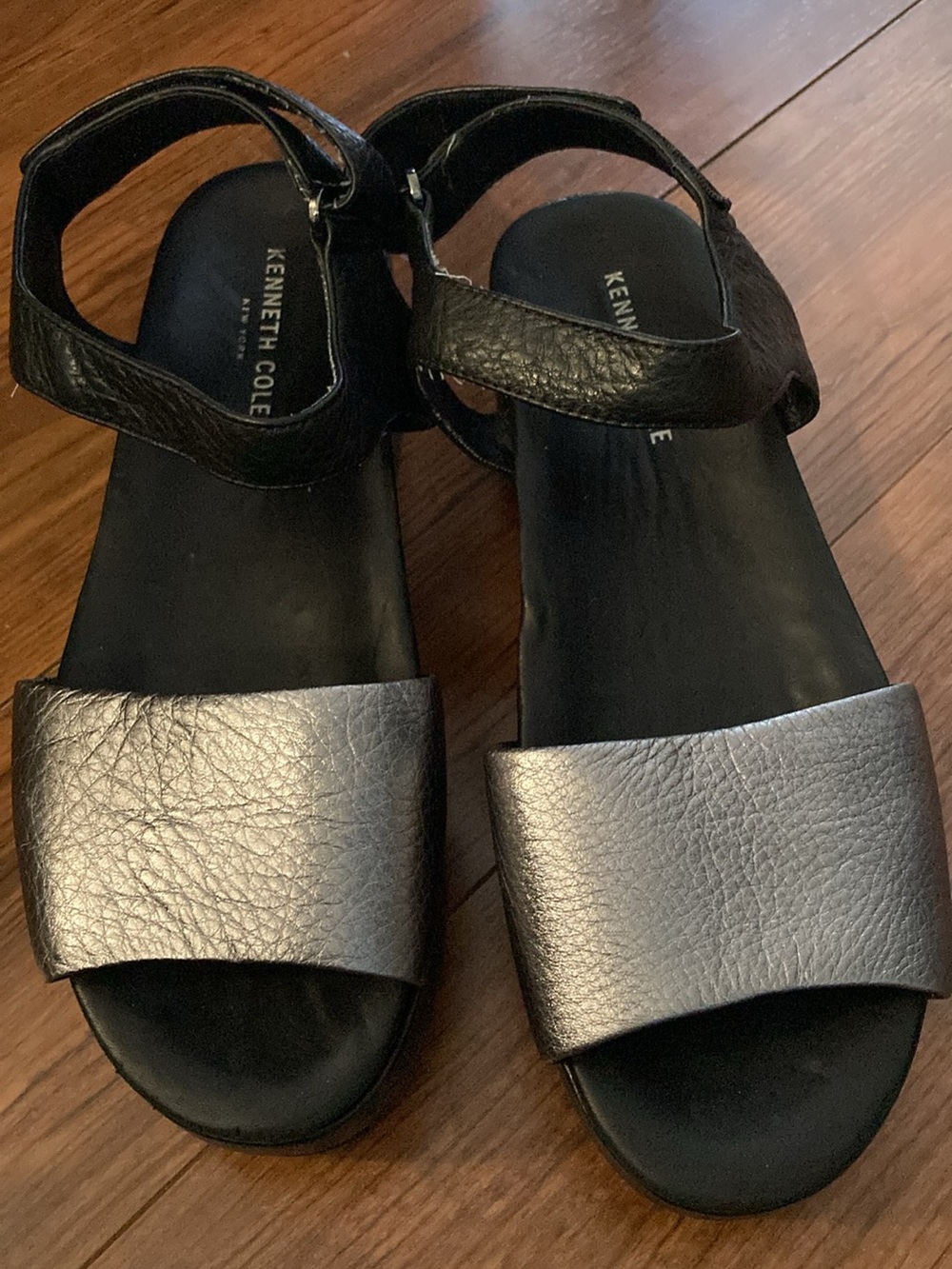 Kenneth Cole Black and Metallic Silver Leather Ankle-Strap Sandals
